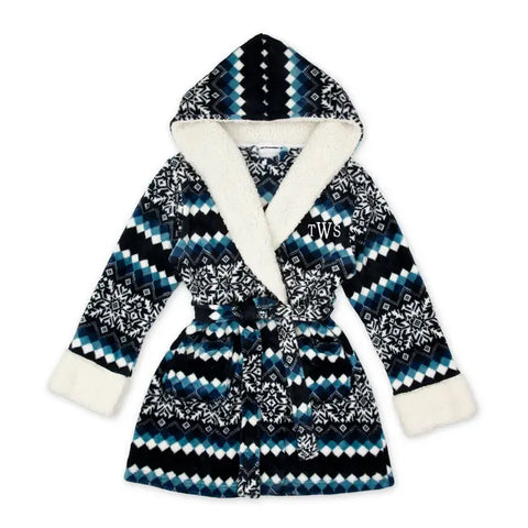 Women’s Personalized Embroidered Fluffy Plush Robe With Hood - Nordic Snowflake