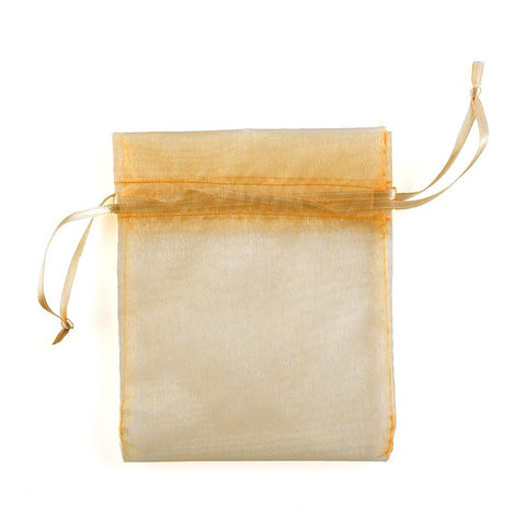 Small Gold Organza Fabric Drawstring Bag - Set of 10