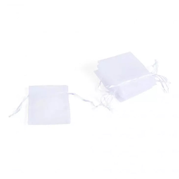 Small White Organza Fabric Drawstring Bag - Set of 10