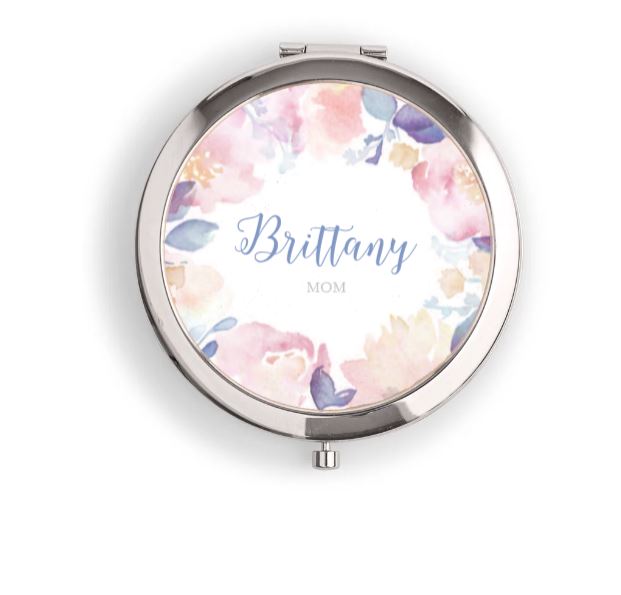 Personalized Engraved Bridal Party Pocket Compact Mirror - Garden Party - SILVER / GREY