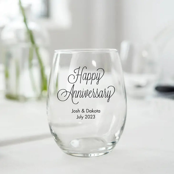 Personalised 9 oz. Stemless Wine Glass Favour - Anniversary | More Occasions