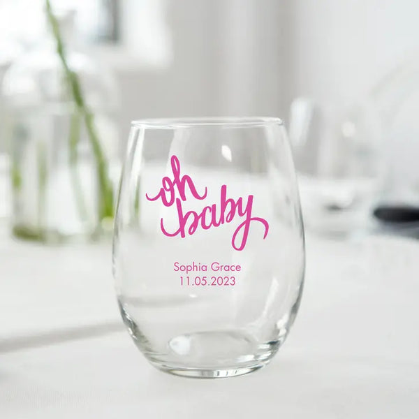 Personalised 9 oz. Stemless Wine Glass Favour - Baby Shower | More Occasions