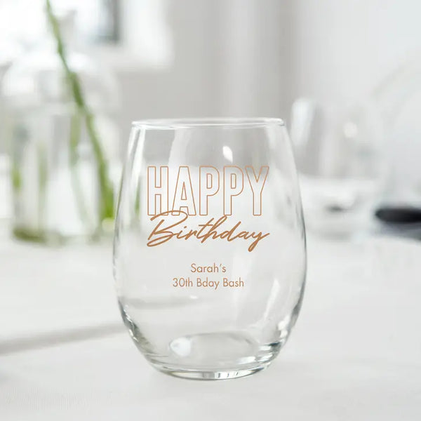 Personalised 9 oz. Stemless Wine Glass Favour - Birthday | More Occasions