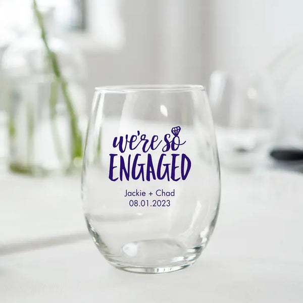 Personalised 9 oz. Stemless Wine Glass Wedding Favour - Engagement Party | More Occasions