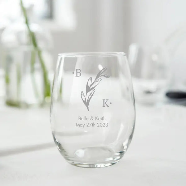 Personalised 9 oz. Stemless Wine Glass Wedding Favour - Monograms | More Designs