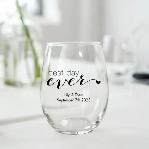 Personalized 9 oz. Stemless Wine Glass Wedding Favour - Trendy Sayings | More Designs