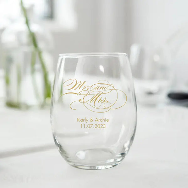 Personalized 9 oz. Stemless Wine Glass Wedding Favour - Wedding | More Occasions