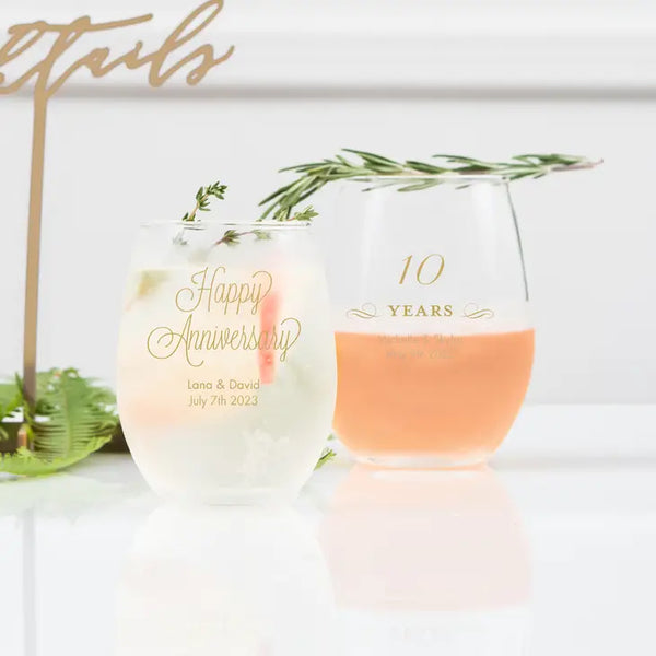 Personalised 9 oz. Stemless Wine Glass Favour - Anniversary | More Occasions