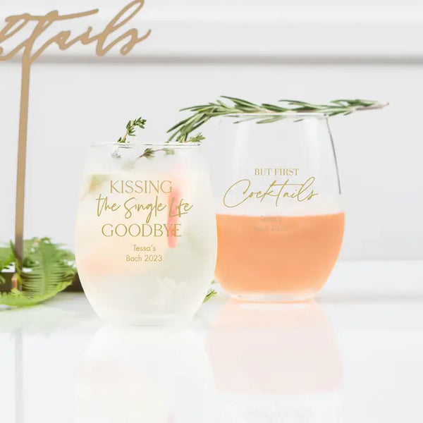 Personalised 9 oz. Stemless Wine Glass Wedding Favour - Bachelorette | More Occasions