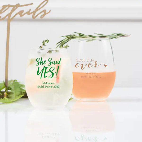 Personalised 9 oz. Stemless Wine Glass Wedding Favour - Bridal Shower | More Occasions