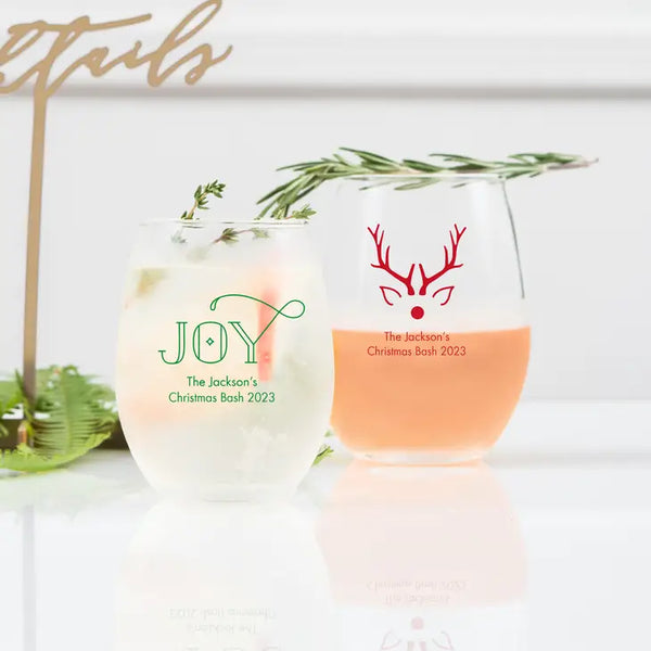 Personalised 9 oz. Stemless Wine Glass Favour - Holiday | More Occasions