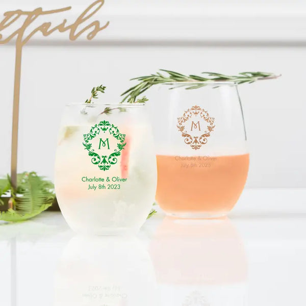 Personalised 9 oz. Stemless Wine Glass Wedding Favour - Monograms | More Designs