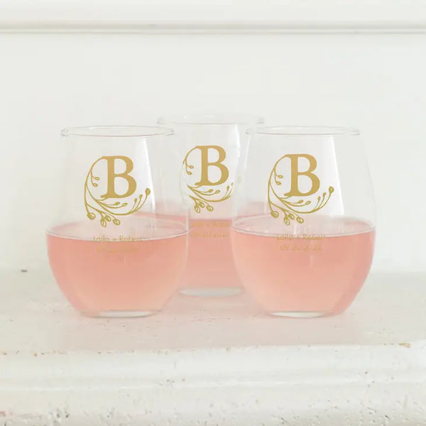 Personalised 9 oz. Stemless Wine Glass Wedding Favour - Monograms | More Designs