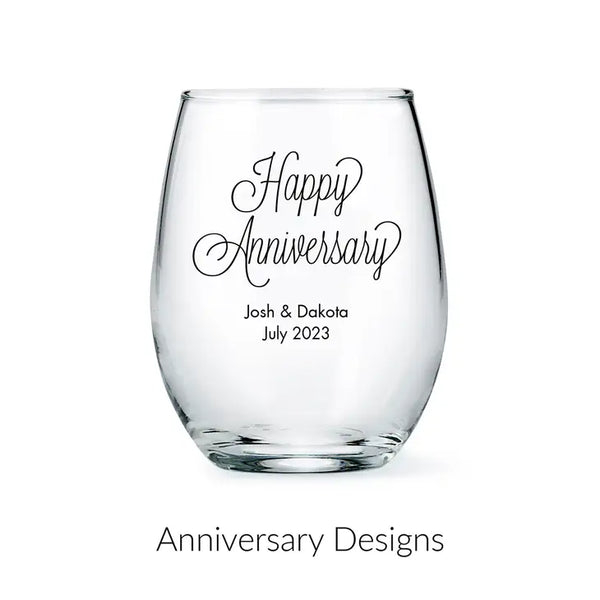 Personalised 9 oz. Stemless Wine Glass Favour - Anniversary | More Occasions