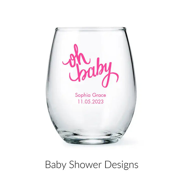 Personalised 9 oz. Stemless Wine Glass Favour - Baby Shower | More Occasions