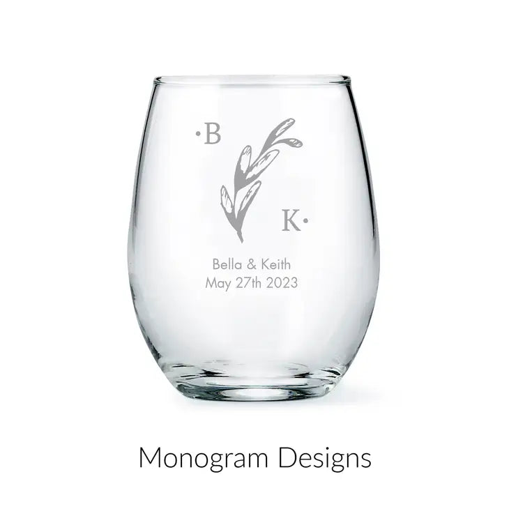 Personalised 9 oz. Stemless Wine Glass Wedding Favour - Monograms | More Designs