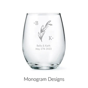 Personalised 9 oz. Stemless Wine Glass Wedding Favour - Monograms | More Designs