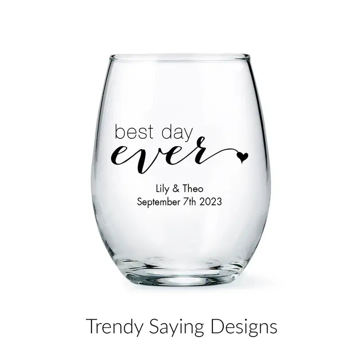 Personalized 9 oz. Stemless Wine Glass Wedding Favour - Trendy Sayings | More Designs