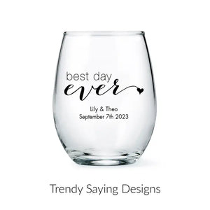 Personalized 9 oz. Stemless Wine Glass Wedding Favour - Trendy Sayings | More Designs