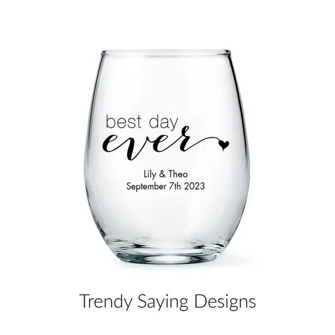 Personalized 9 oz. Stemless Wine Glass Wedding Favour - Trendy Sayings | More Designs