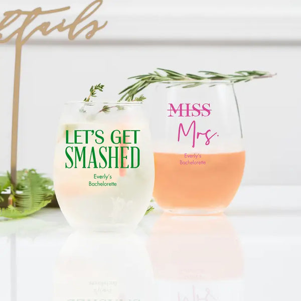 Personalised 15 oz. Stemless Wine Glass Wedding Favour - Bachelorette | More Occasions