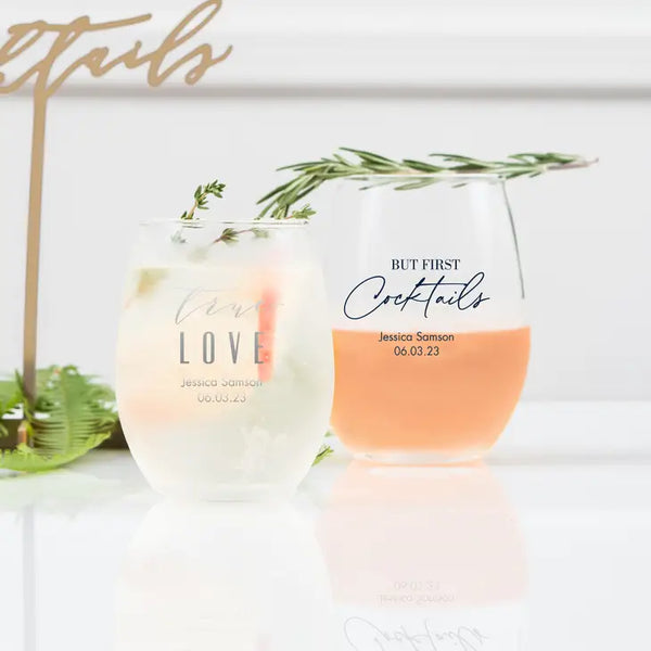 Personalised 15 oz. Stemless Wine Glass Wedding Favour - Bridal Shower | More Occasions