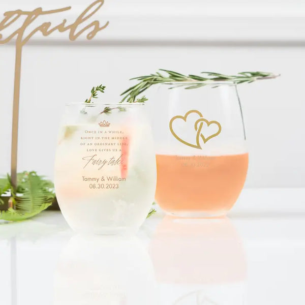 Personalized 15 oz. Stemless Wine Glass Wedding Favour - Wedding | More Occasions