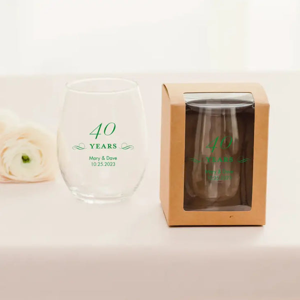 Personalised 15 oz. Stemless Wine Glass Favour - Anniversary | More Occasions