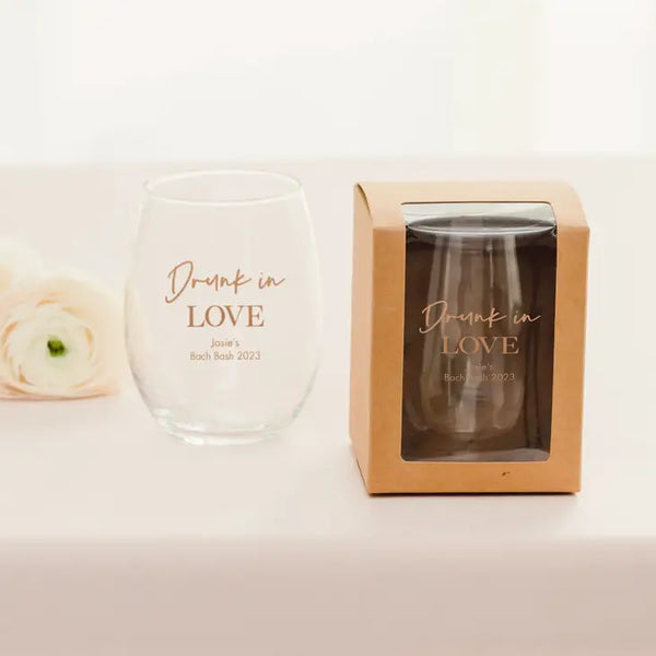 Personalised 15 oz. Stemless Wine Glass Wedding Favour - Bachelorette | More Occasions