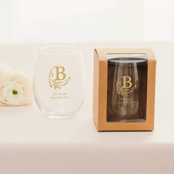 Personalised 15 oz. Stemless Wine Glass Wedding Favour - Monograms | More Designs