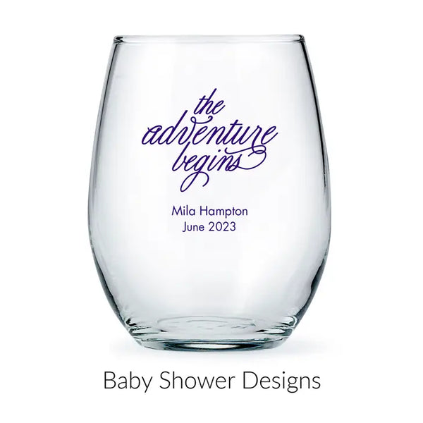 Personalised 15 oz. Stemless Wine Glass Favour - Baby Shower | More Occasions