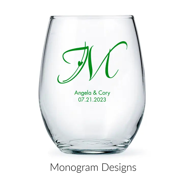 Personalised 15 oz. Stemless Wine Glass Wedding Favour - Monograms | More Designs