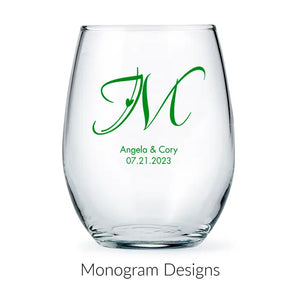 Personalised 15 oz. Stemless Wine Glass Wedding Favour - Monograms | More Designs