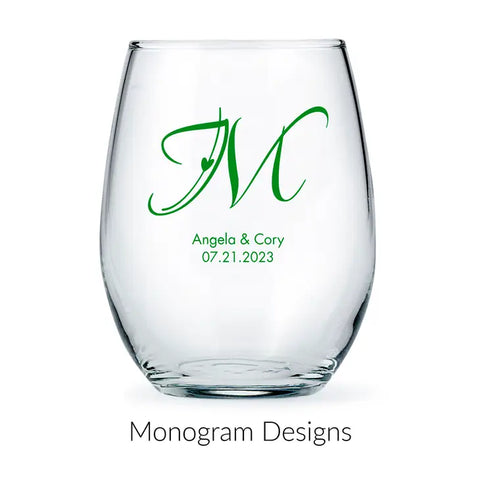 Personalised 15 oz. Stemless Wine Glass Wedding Favour - Monograms | More Designs