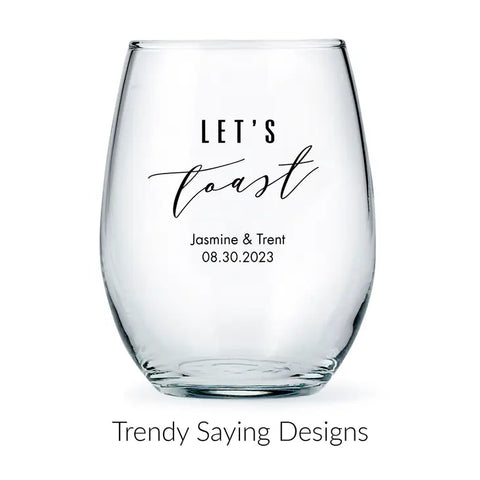 Personalized 15 oz. Stemless Wine Glass Wedding Favour - Trendy Sayings | More Designs