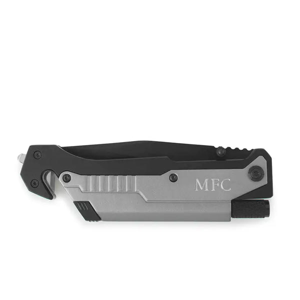 Personalized Black & Silver Pocket Knife With Light - Monogram Engraved