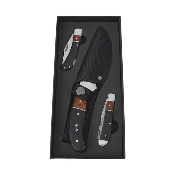 Personalized Wood Inlayed Handle Knife Set - Monogram Engraved