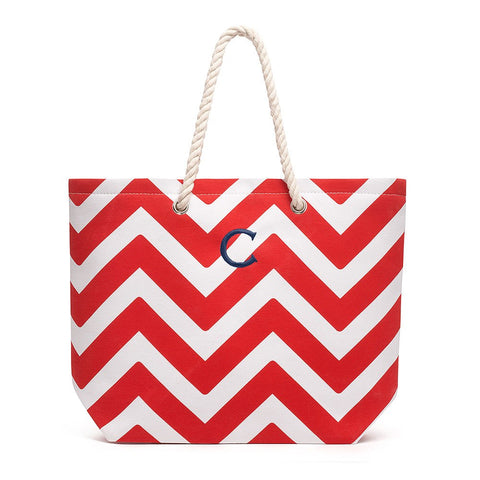 Personalized Extra-Large Cabana Canvas Fabric Tote Bag - Red Chevron