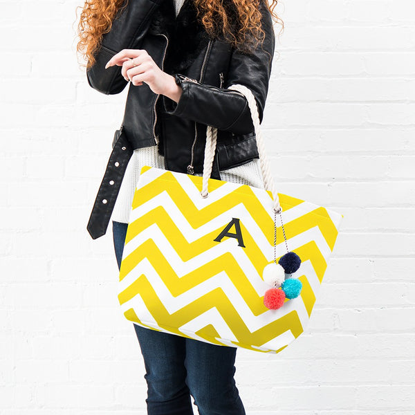 Personalized Extra-Large Cabana Canvas Fabric Tote Bag - Yellow Chevron