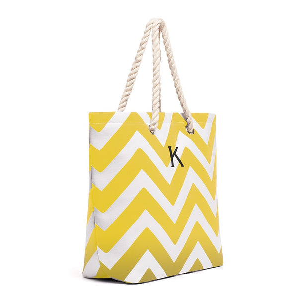 Personalized Extra-Large Cabana Canvas Fabric Tote Bag - Yellow Chevron