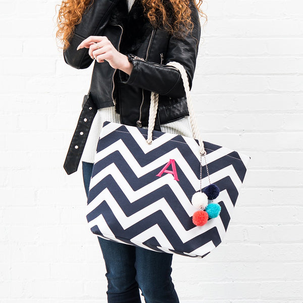 Personalized Extra-Large Cabana Canvas Fabric Tote Bag - Navy Chevron