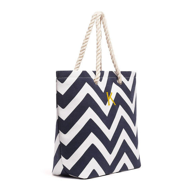 Personalized Extra-Large Cabana Canvas Fabric Tote Bag - Navy Chevron