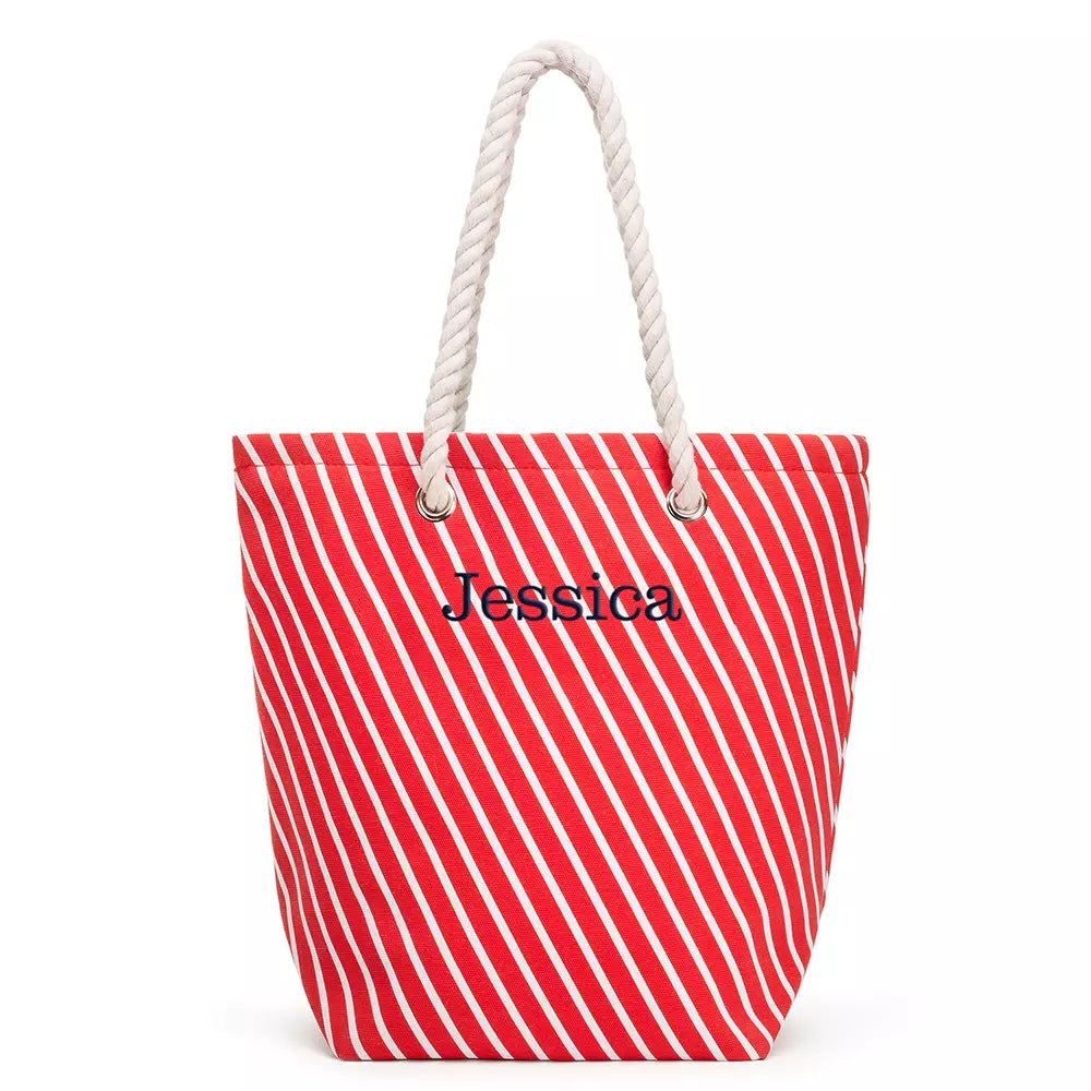 Personalized Large Cotton Blend Cabana Beach Tote Bag - Red Stripe