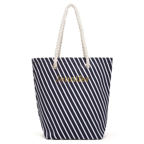 Personalized Large Cotton Blend Cabana Beach Tote Bag - Navy Stripe