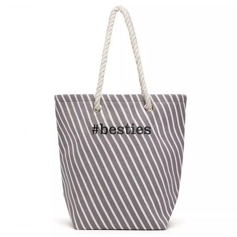 Personalized Cabana Nylon/Cotton Blend Beach Tote Bag - Gray Stripe