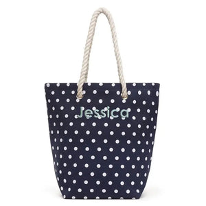 Polka Dot Cabana Nylon/Cotton Blend Beach Tote Bag- Navy