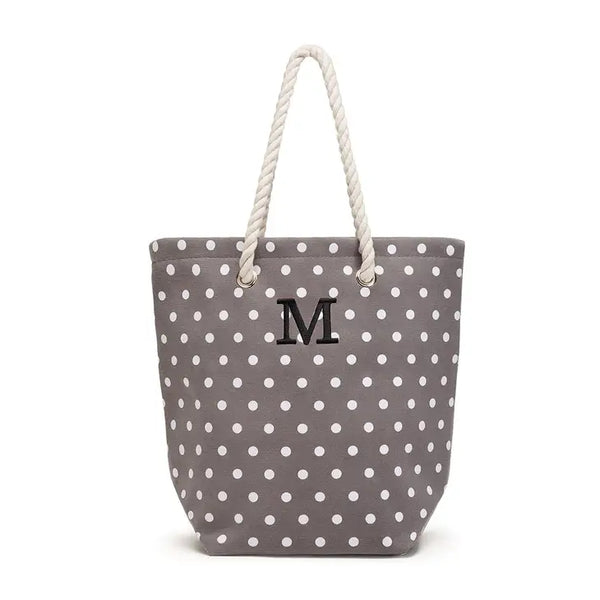 Personalized Large Cotton Blend Cabana Beach Tote Bag - Gray Polka Dot