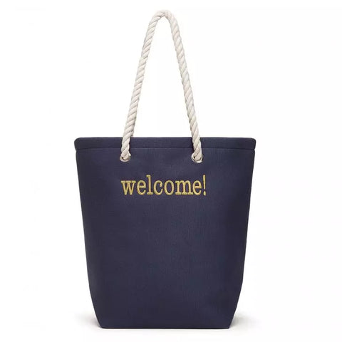 Large Personalized Cabana Nylon/Cotton Blend Beach Tote Bag- Navy