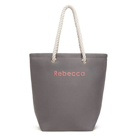 Large Personalized Cabana Nylon/Cotton Blend Beach Tote Bag- Grey