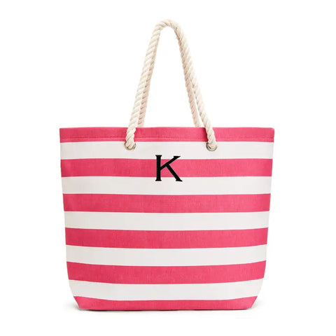 Personalized Extra-Large Cabana Stripe Canvas Fabric Tote Bag - Pink